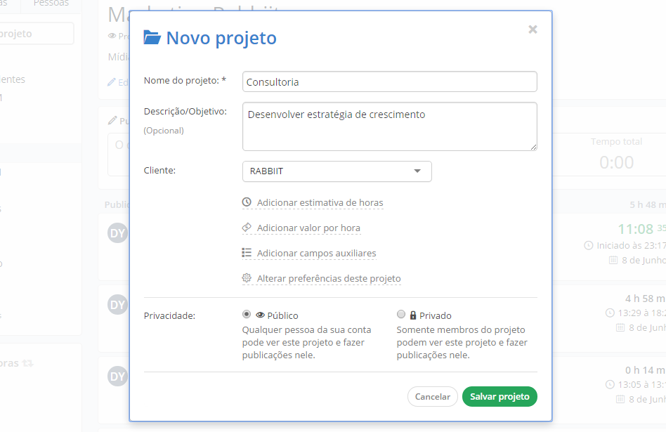 Rabbiit - Controle de horas em projetos